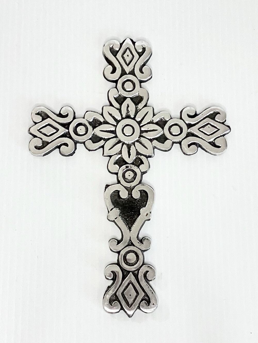 Vintage Aluminum Mexican Wall Cross 9.5” Decorative Flower Medallion Crucifix